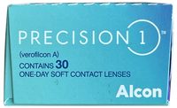 Precision1 30 lens pack, end panel reading verofilcon A, contains 30 one-day soft contact lenses